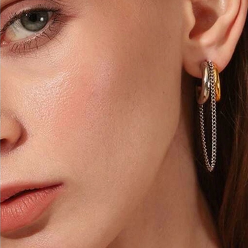 2/$30🌵 Gold Silver Chunky Double Hoop Chain Dangle Earrings Thick Hoop Gift NEW